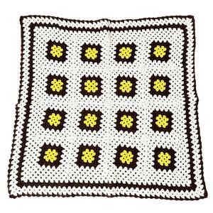 Handmade Vintage White Brown Yellow Crochet Granny Square Afghan Throw Blanket